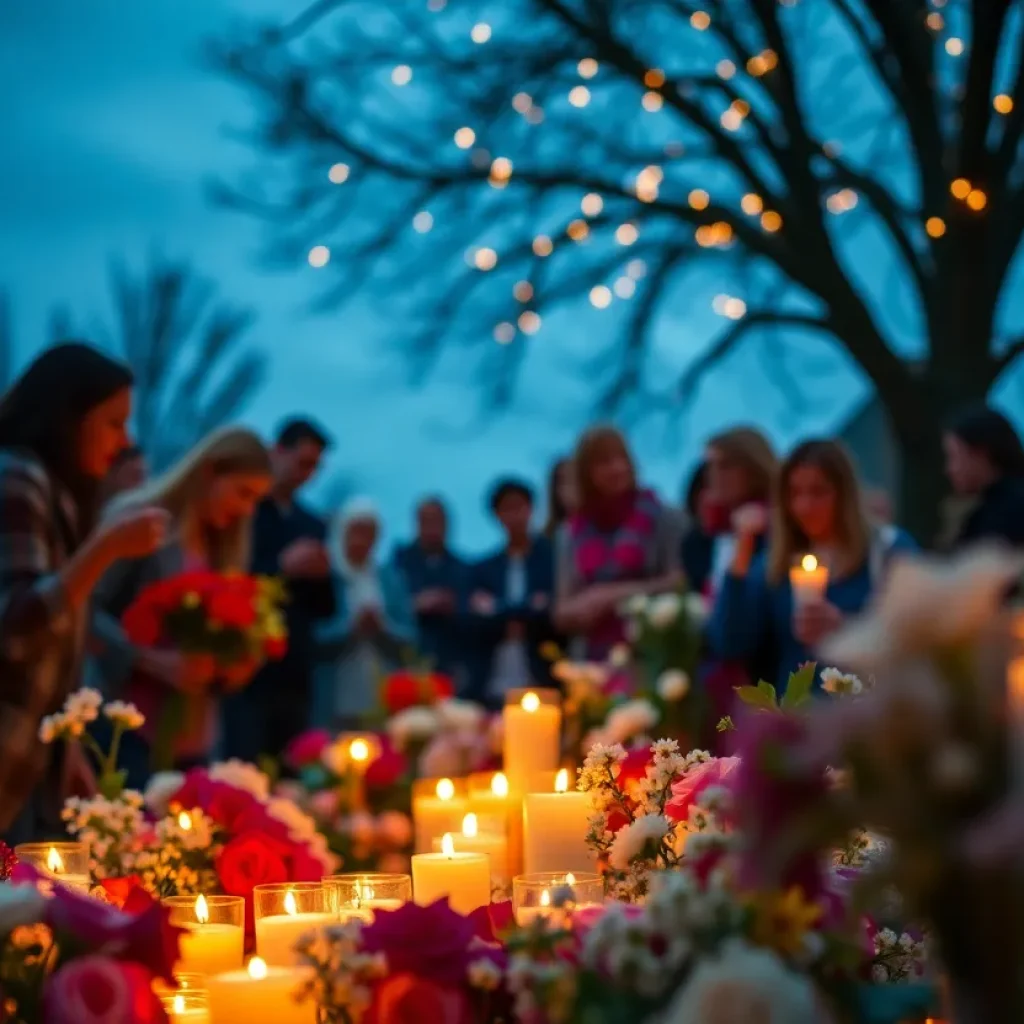 Community members gather to remember Rosemary Camy with flowers and candles.