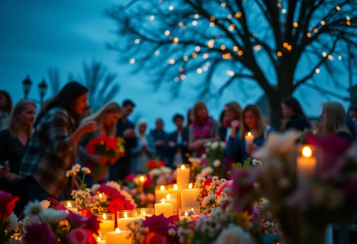 Community members gather to remember Rosemary Camy with flowers and candles.