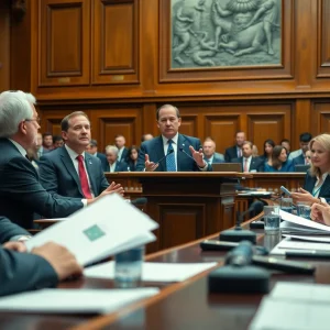 Legislators engaging in a debate on environmental vehicle policies