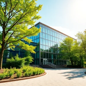 Corporate office building with greenery, representing emissions accountability.