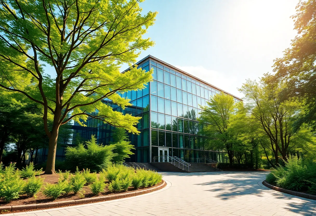 Corporate office building with greenery, representing emissions accountability.