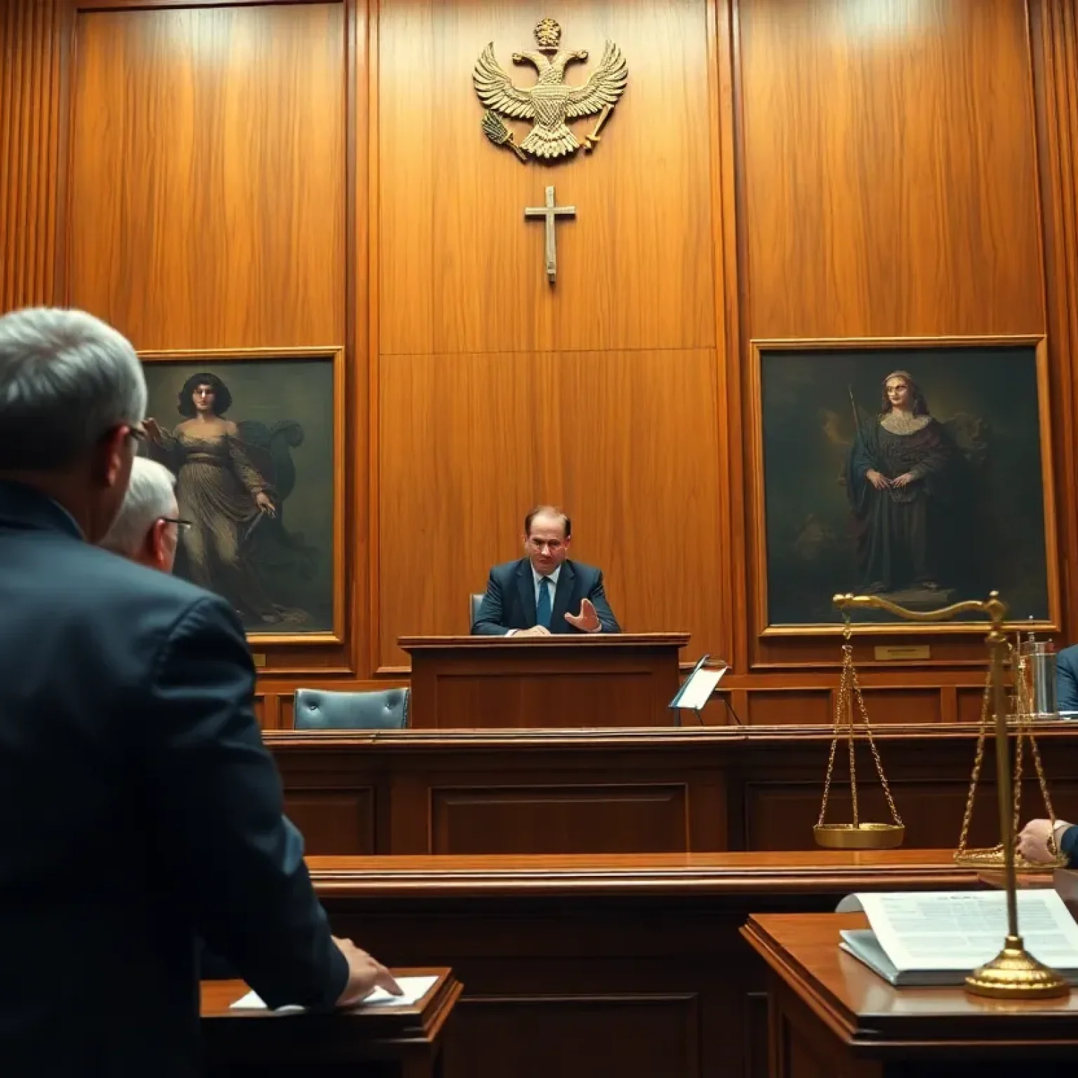 Courtroom scene depicting a hearing on financial fraud.
