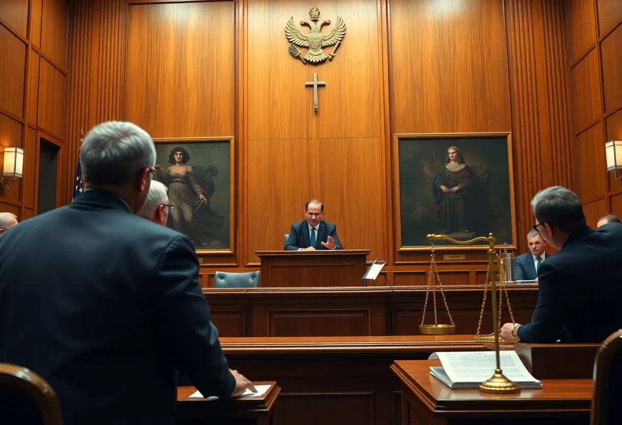 Courtroom scene depicting a hearing on financial fraud.
