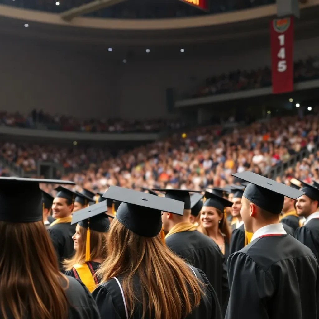 Graduates celebrating at Cal State Long Beach graduation ceremony