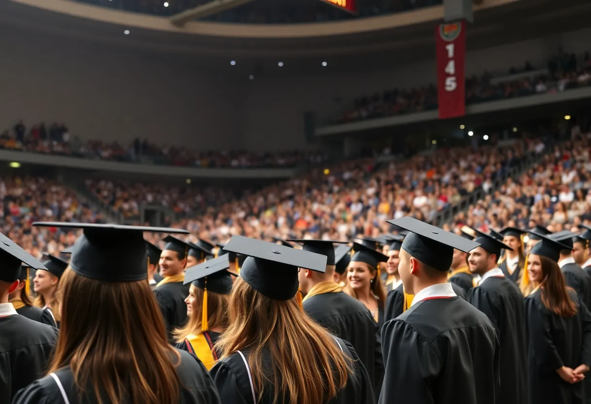 Graduates celebrating at Cal State Long Beach graduation ceremony
