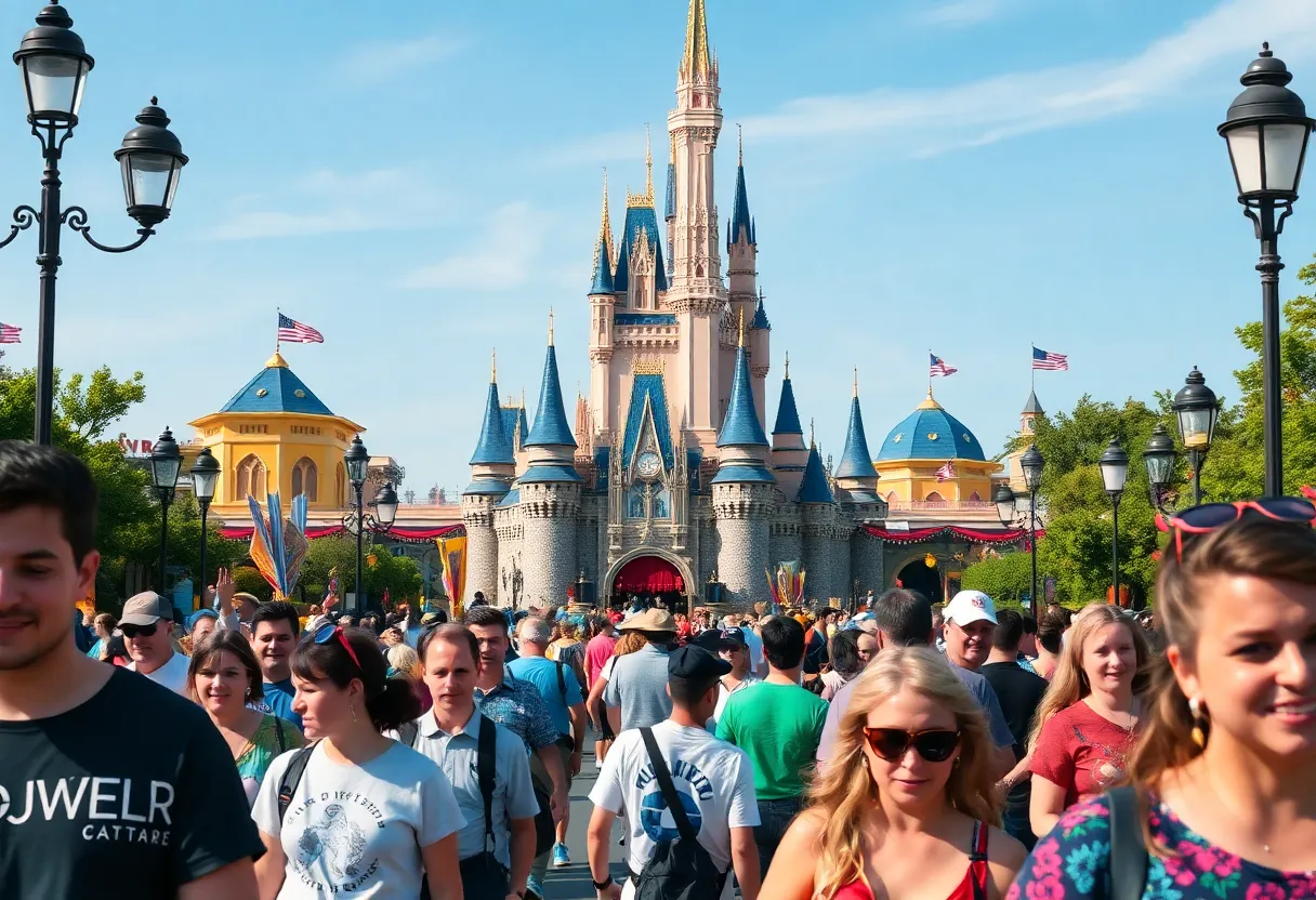 Crowd enjoying attractions at a Disney theme park