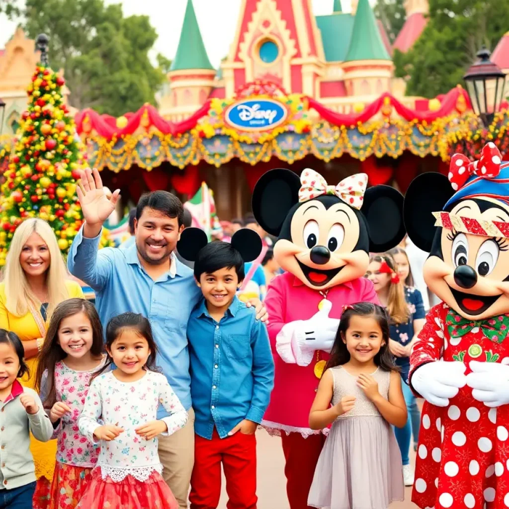Families celebrating at Disneyland's 70th anniversary event with Disney characters.