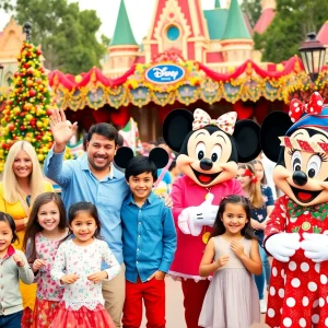 Families celebrating at Disneyland's 70th anniversary event with Disney characters.