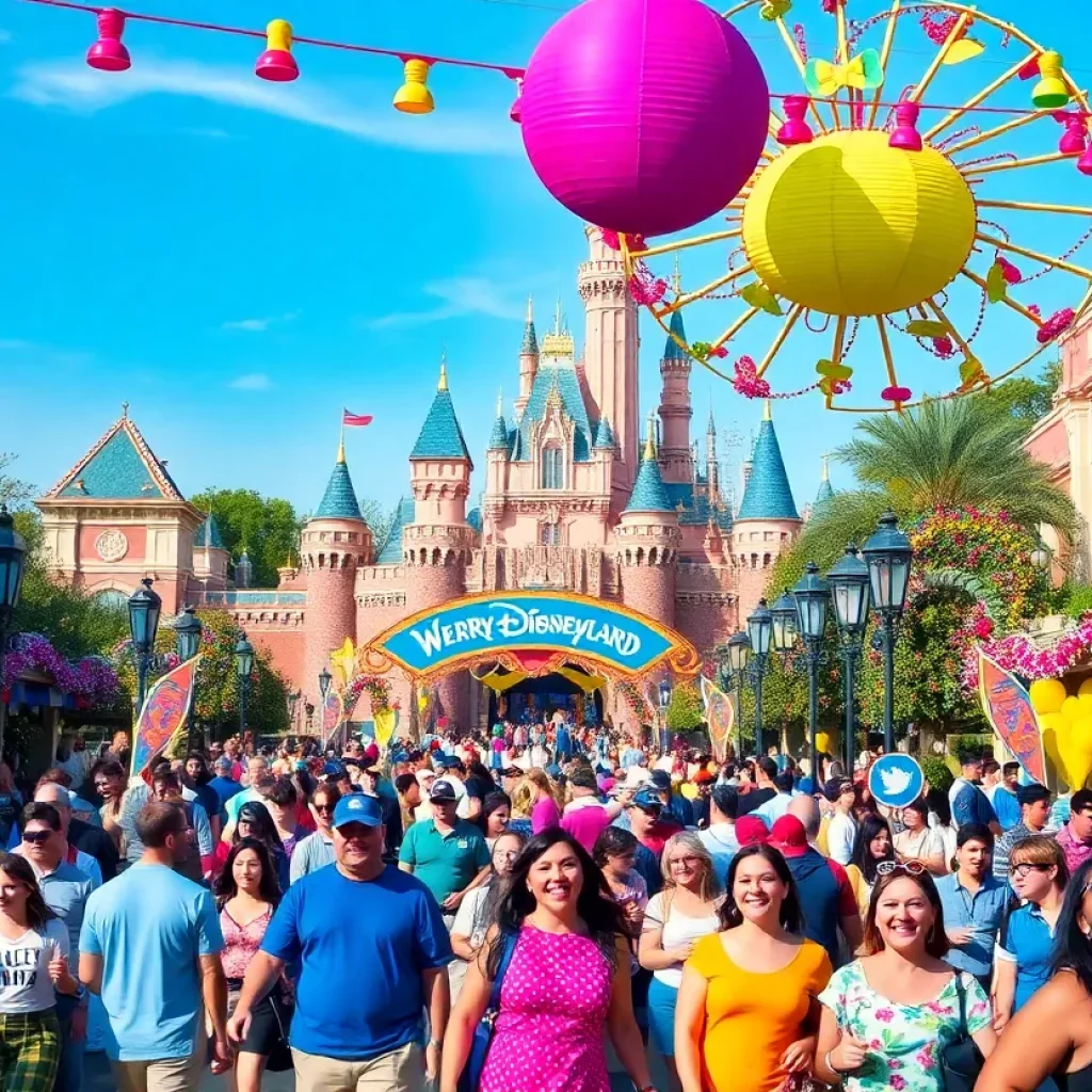 Celebration at Disneyland for the 70th anniversary with decorations and guests enjoying the festivities.