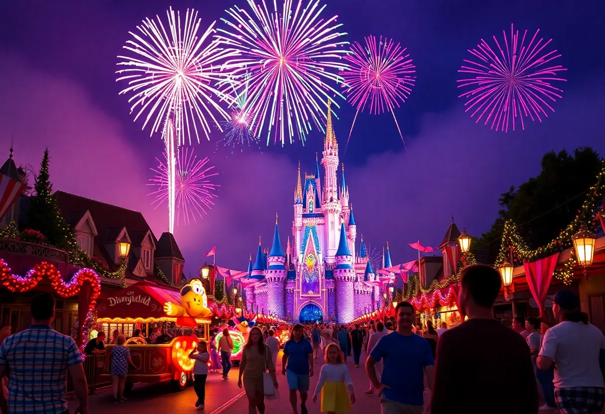 Disneyland 70th Anniversary Celebration with vibrant decorations and festivities
