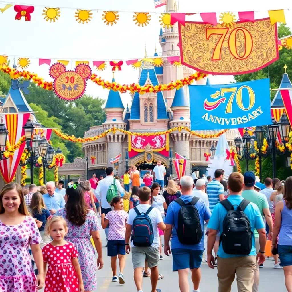 Families celebrating at Disneyland for the 70th anniversary.