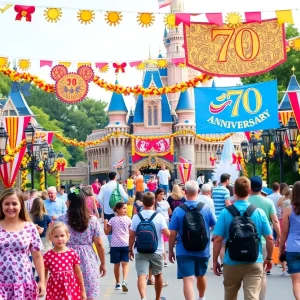 Families celebrating at Disneyland for the 70th anniversary.