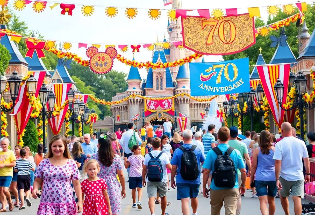 Families celebrating at Disneyland for the 70th anniversary.
