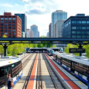 Public transport train at new Downtown Redmond Link Extension station