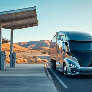 Electric truck charging at a solar-powered depot in California