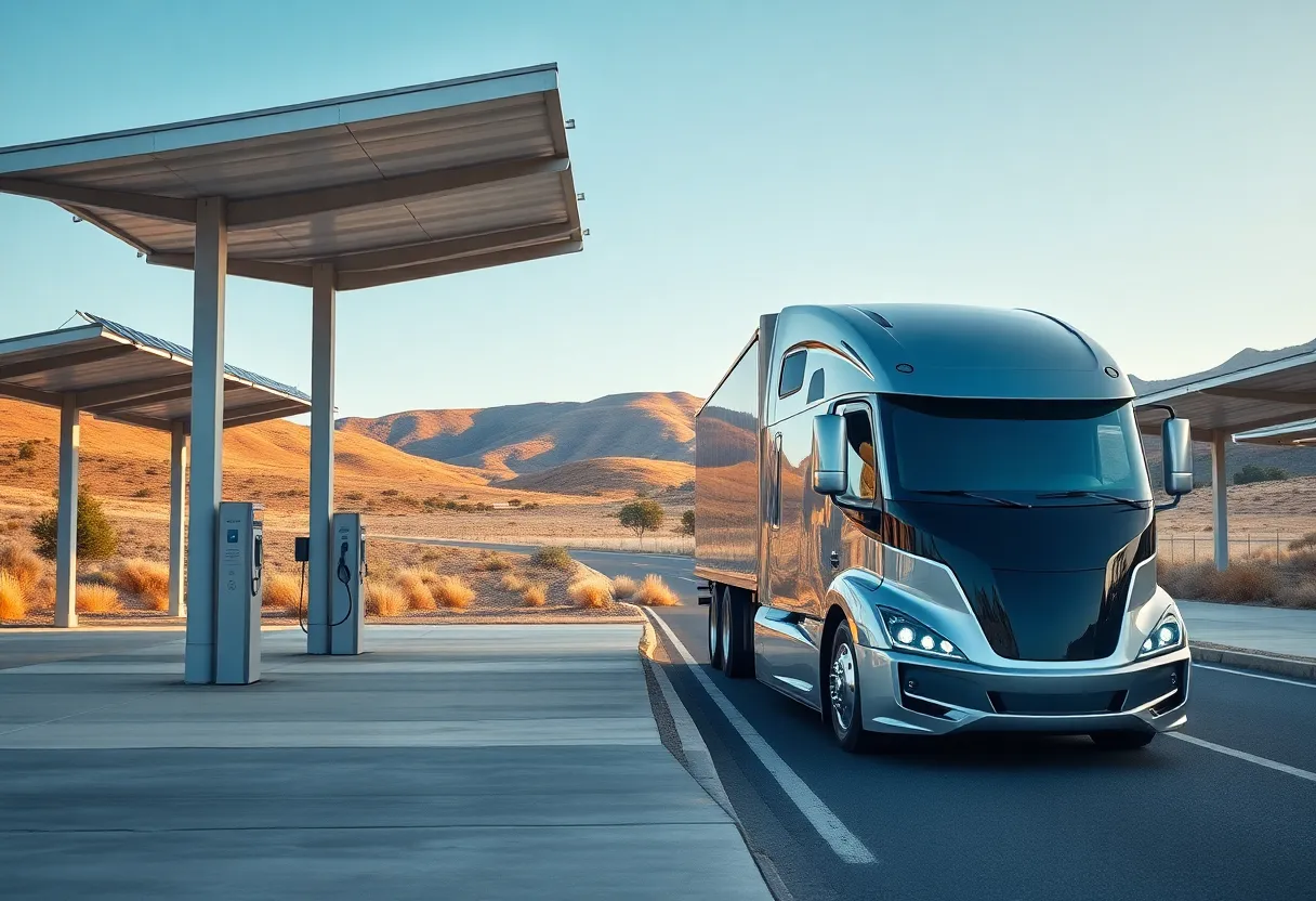 Electric truck charging at a solar-powered depot in California