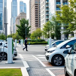 Cityscape with electric vehicles and charging stations