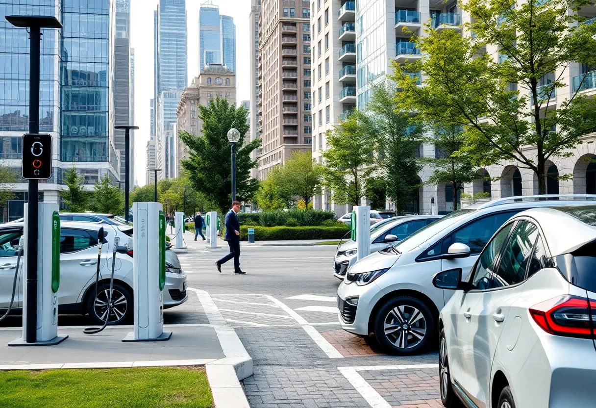 Cityscape with electric vehicles and charging stations