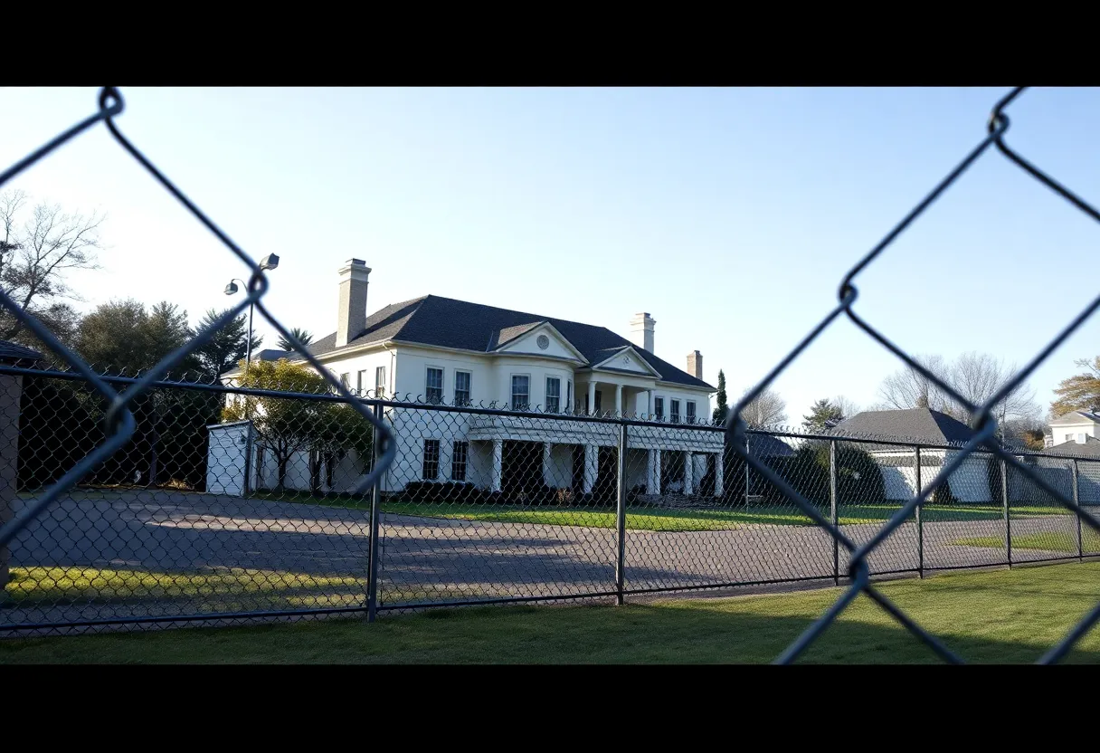 A large chain-link fence surrounding an upscale mansion in a residential area.