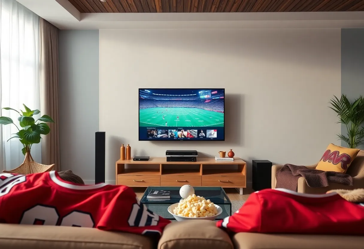 Living room setup with a TV streaming sports content