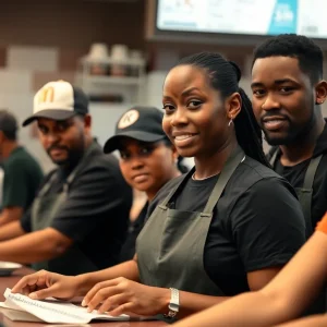 Fast food workers in a California restaurant showing diverse expressions while at work