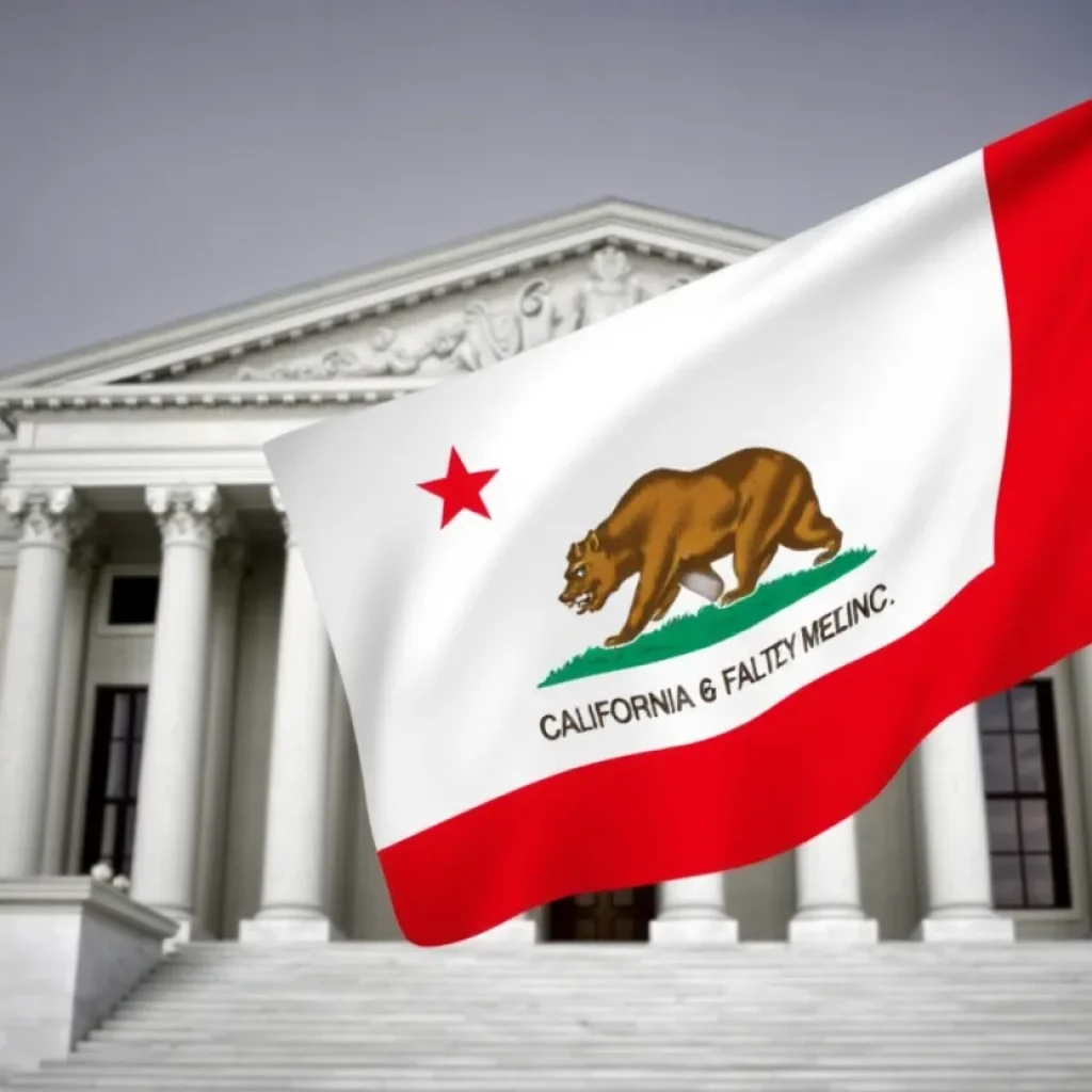 Exterior view of a federal court building with the California state flag.