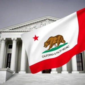Exterior view of a federal court building with the California state flag.