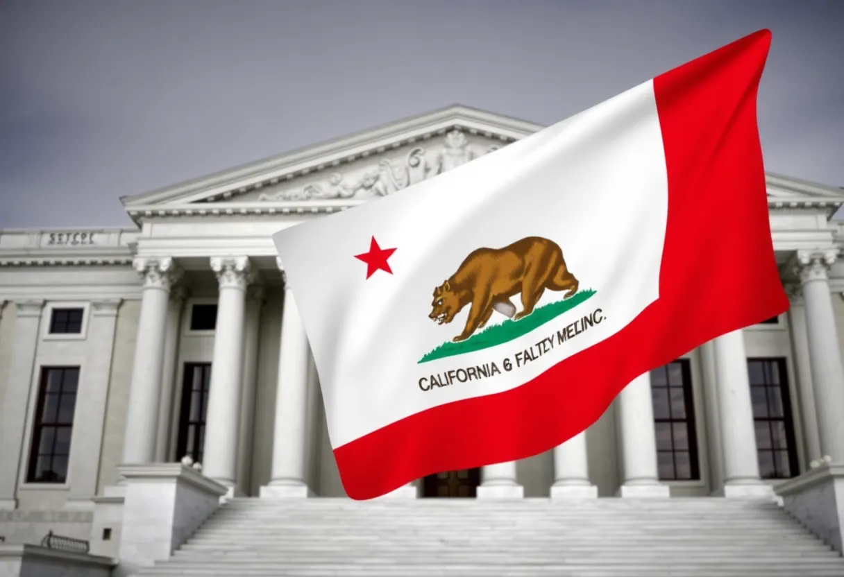 Exterior view of a federal court building with the California state flag.