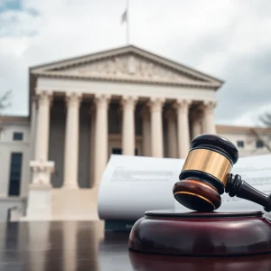 Federal courthouse with gavel and legal documents