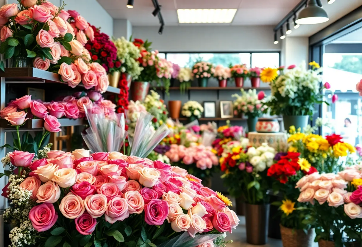 Colorful flower arrangements in a shop for Mother's Day