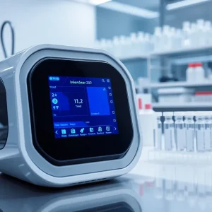Futuristic blood testing device in a lab for health diagnostics