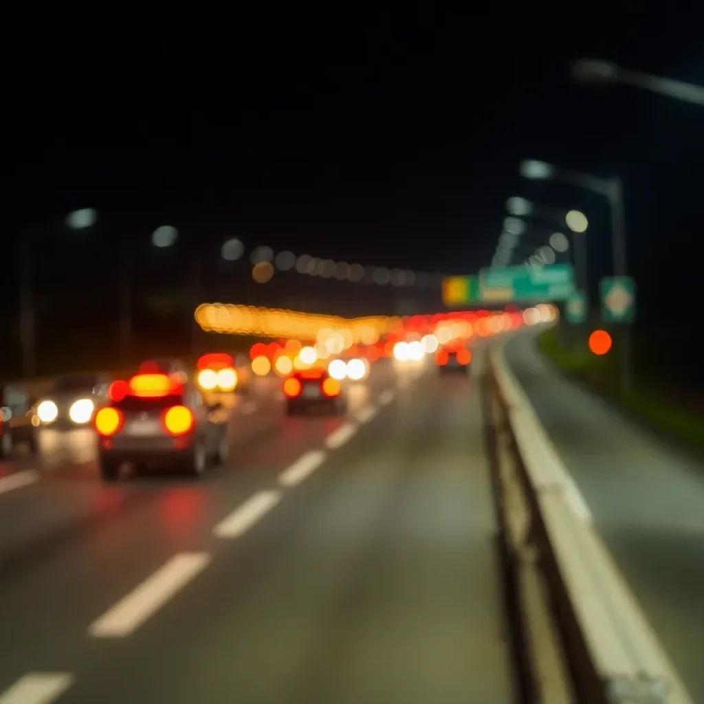Night view of a busy highway with blurred vehicle lights