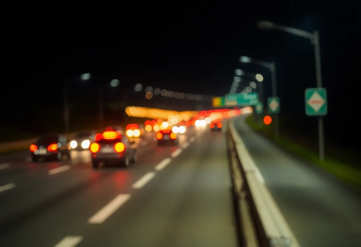 Night view of a busy highway with blurred vehicle lights