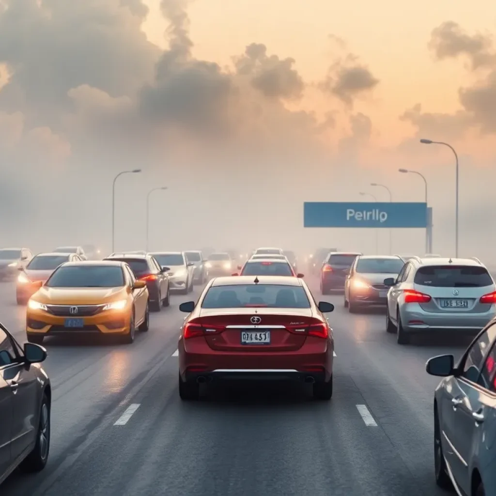 A busy highway populated by petrol-only cars under a hazy sky, representing the environmental impact of emissions.