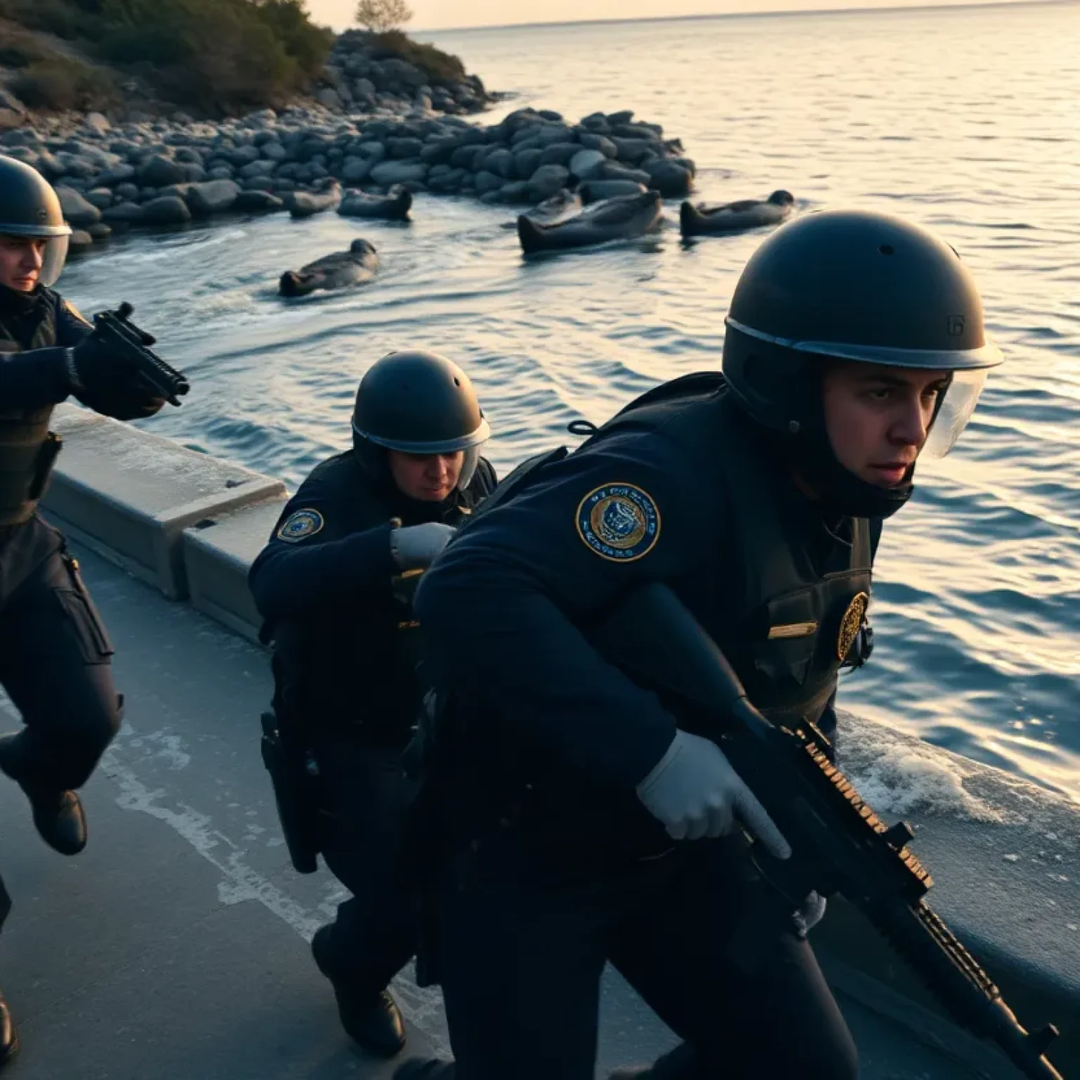 Law enforcement officers in pursuit near water