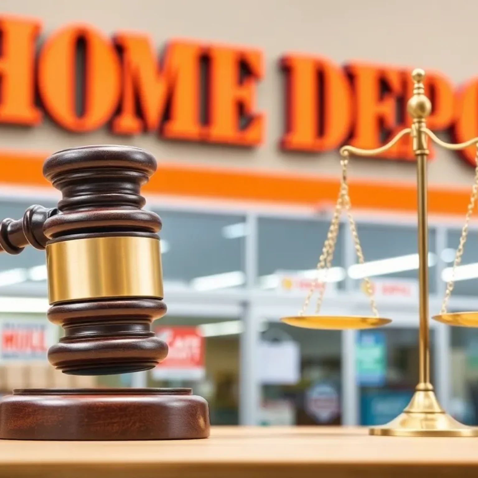 Court gavel and scales of justice in front of Home Depot