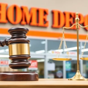 Court gavel and scales of justice in front of Home Depot