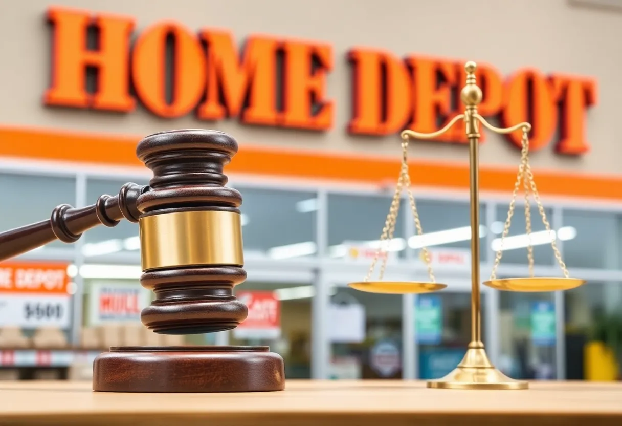 Court gavel and scales of justice in front of Home Depot