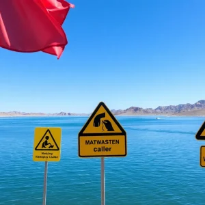 View of Lake Havasu with safety warning signs