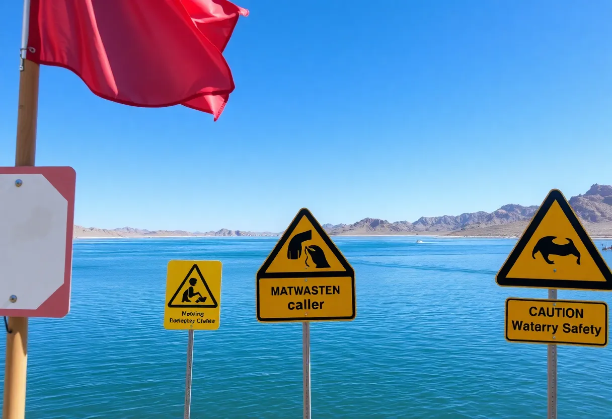 View of Lake Havasu with safety warning signs