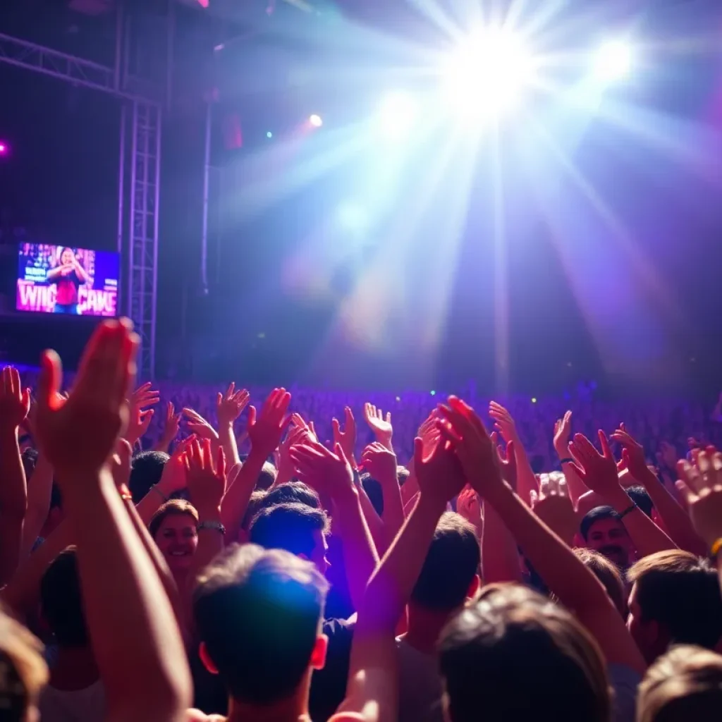 A lively concert performance with colorful lights and an enthusiastic audience.