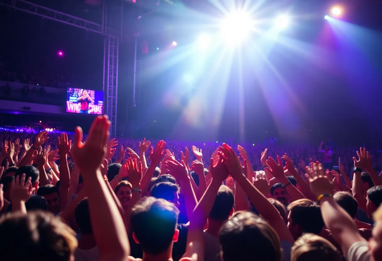 A lively concert performance with colorful lights and an enthusiastic audience.
