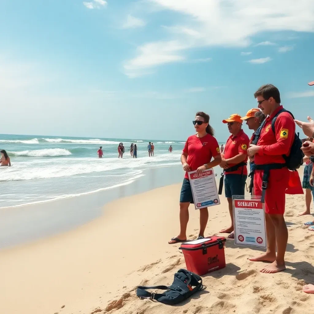Lifeguards participating in a shark safety training on the beach.