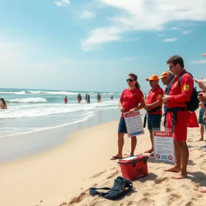 Lifeguards participating in a shark safety training on the beach.