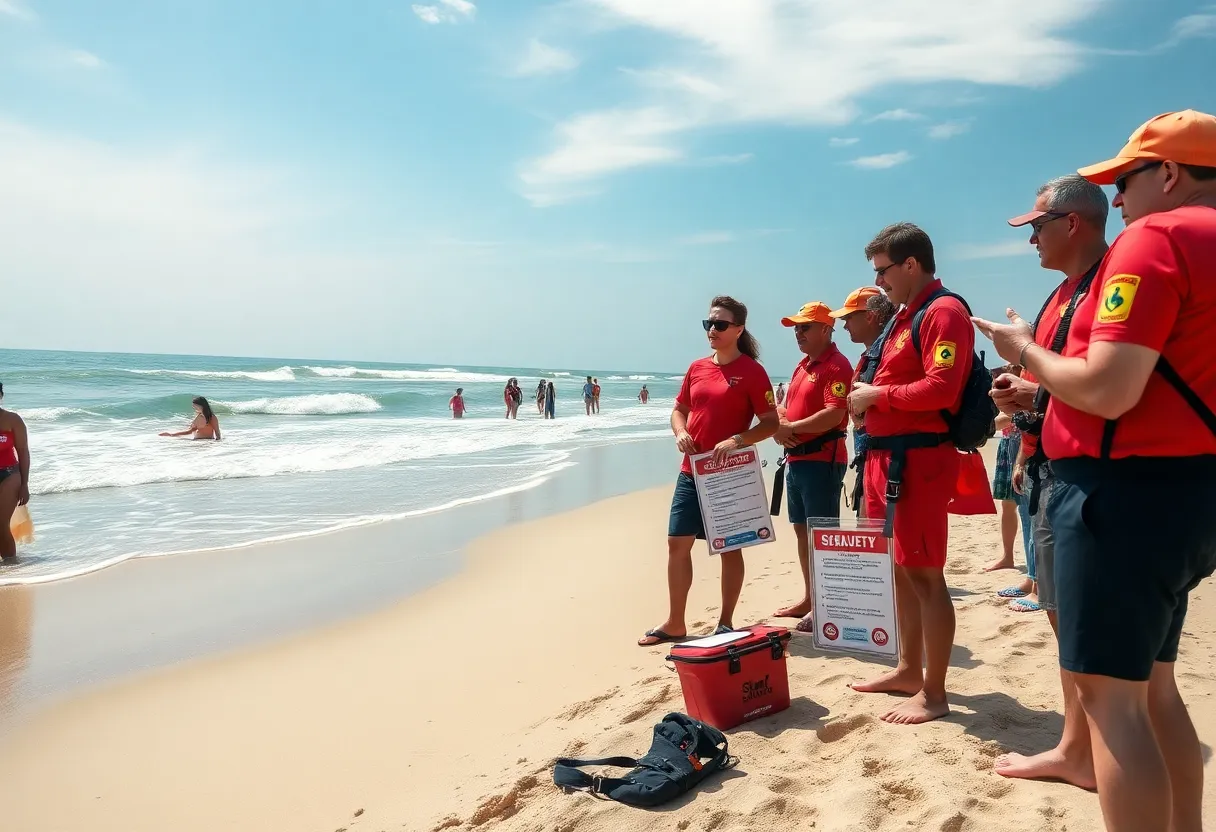 Lifeguards participating in a shark safety training on the beach.