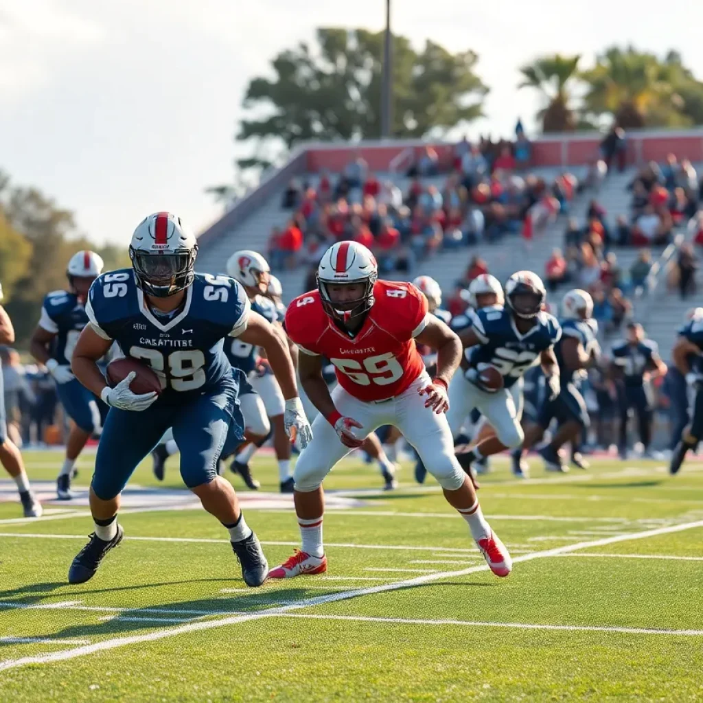 Tight end in motion during a high school football game