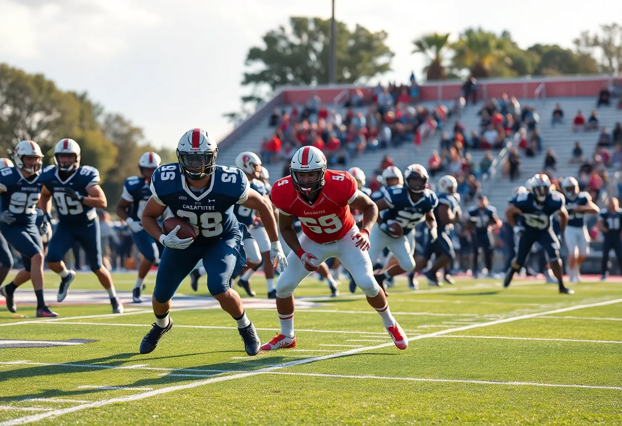 Tight end in motion during a high school football game