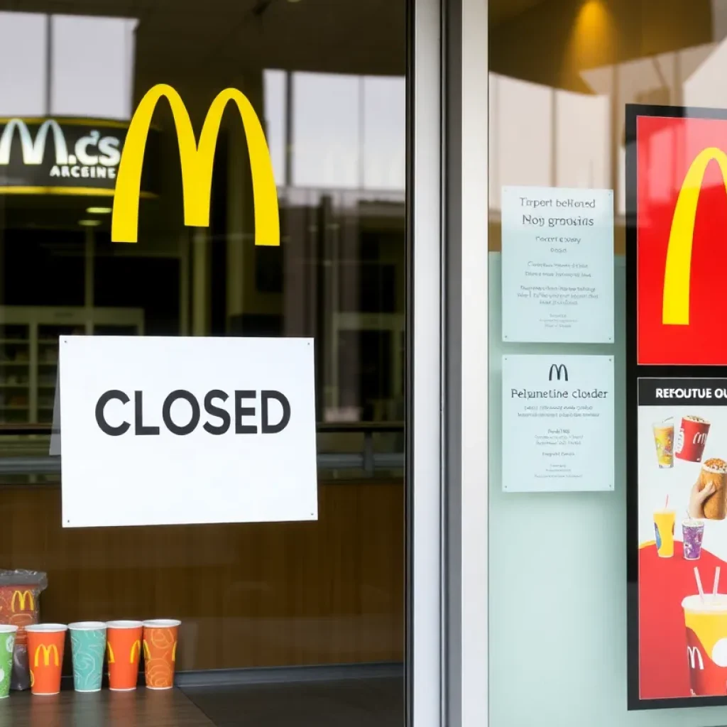 Closed sign on a McDonald's CosMc's storefront with beverage cups