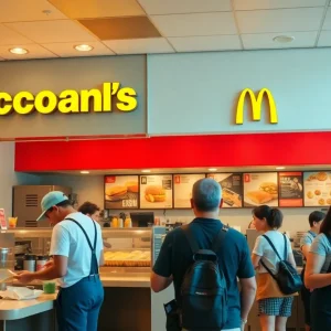 Employees working at McDonald's during a busy summer day