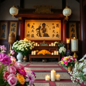 A Buddhist temple adorned with flowers for a memorial service